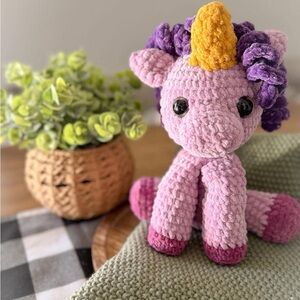 Amigurumi Crochet Pink and Purple Plush Unicorn Toy